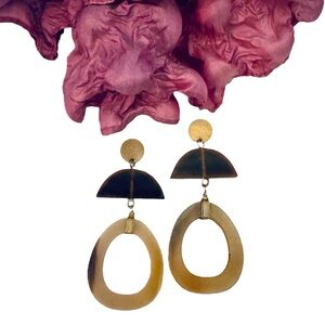 Geometric Modernist Dangle Earrings Gold-Tone Brown Resin Tortoise Shell Shapes